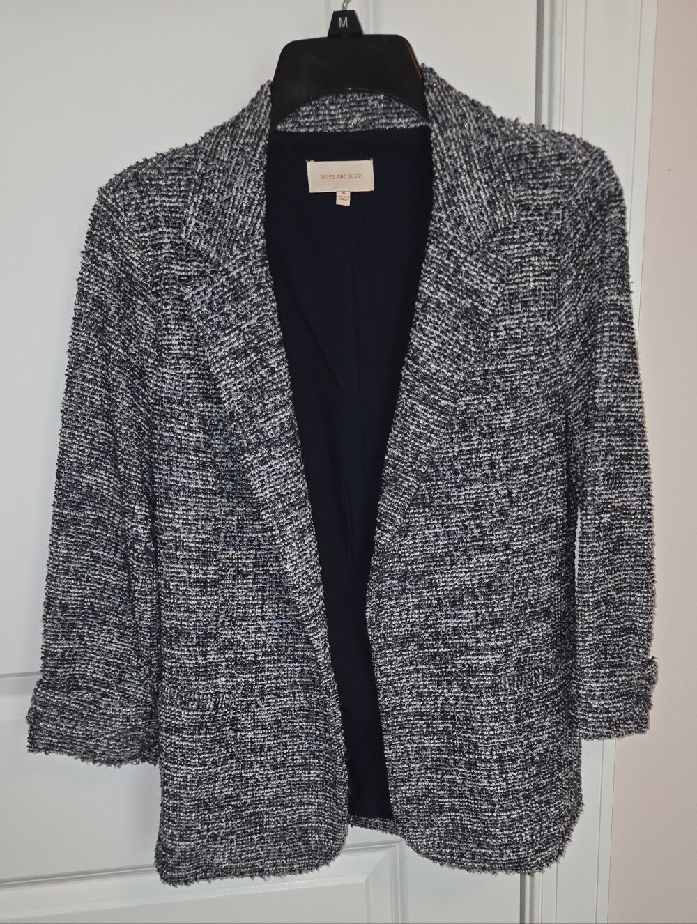Skies Are Blue Navy Blue & White Tweed Bouclé Open Front Blazer Size M